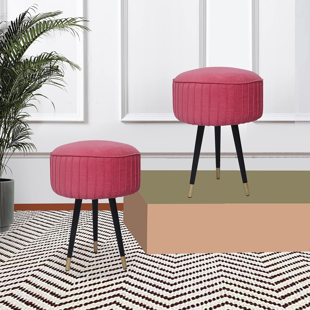 Upholstered and Steel Frame Puffy Stool Grass Green Fabric + Black Powdercoated - Set of 2