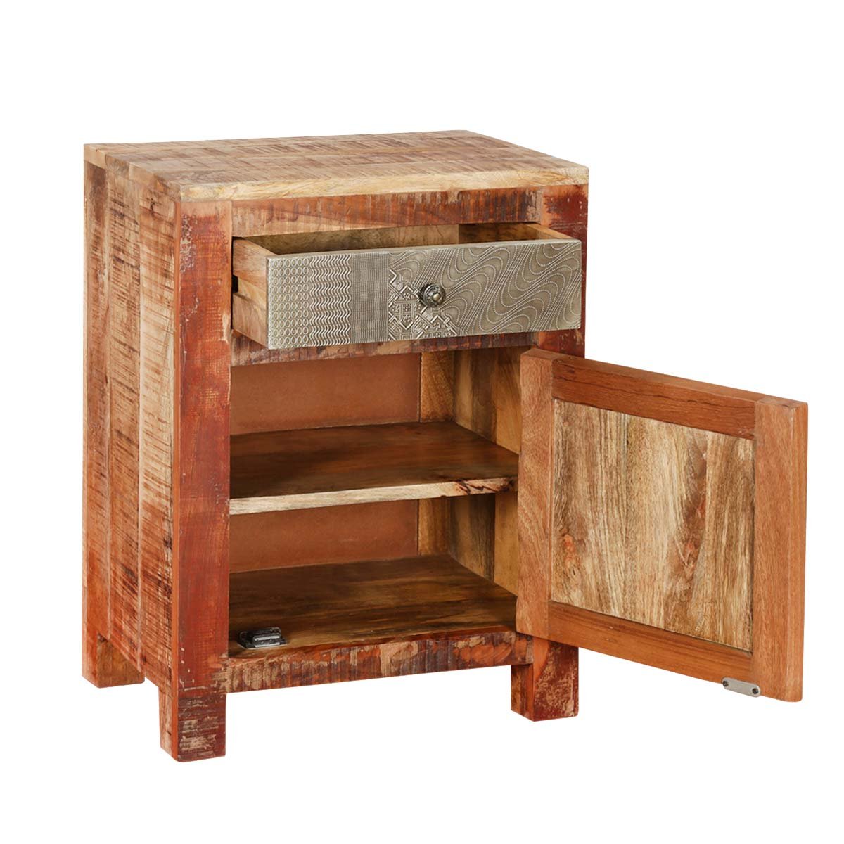 Mango Wood Izola One Door and One Drawer Selves Bedside Storage Table for Bedroom | Mahogany Finish