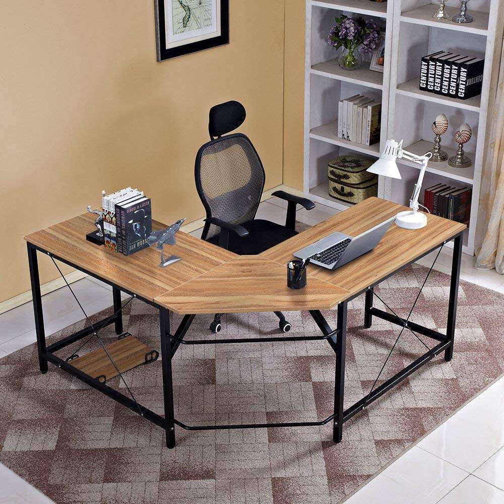 Aprodz Duane 59 x 59 inches Large L-Shaped Desk Computer Desk L Desk Office Desk Workstation Desk, Oak