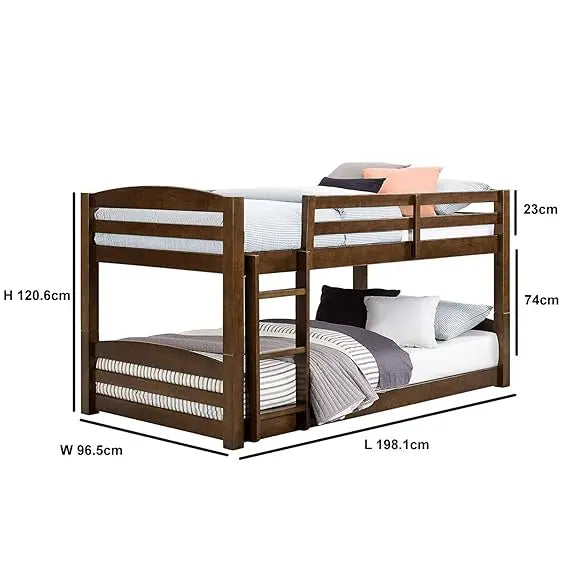 Wooden bunk bed with dimensions labeled on a white background