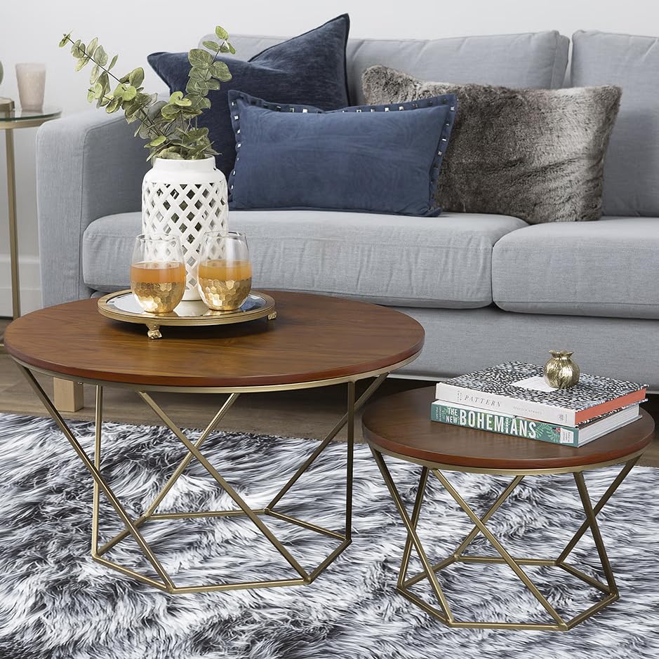 Stylish Round Coffee Table Set | 2-Piece Nesting Tables with Sturdy Geometric Design & Gold Metal Frame for Home & Living Room (Gold & Antique Brown)
