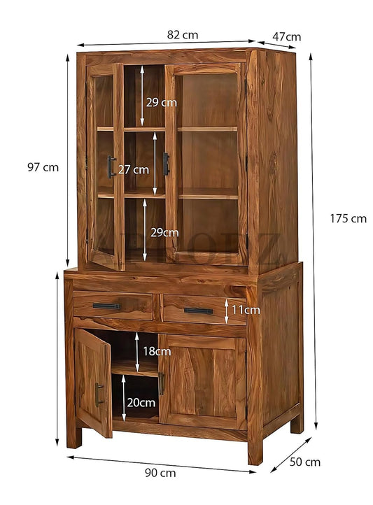 Glass Door Cabinet | 2 Drawers 3 Shelves Sheesham Wood Storage Organizer | Durable Stylish Wooden Furniture | Elegant Design Home Decor Compact Multifunctional | Compact multifunctional furniture