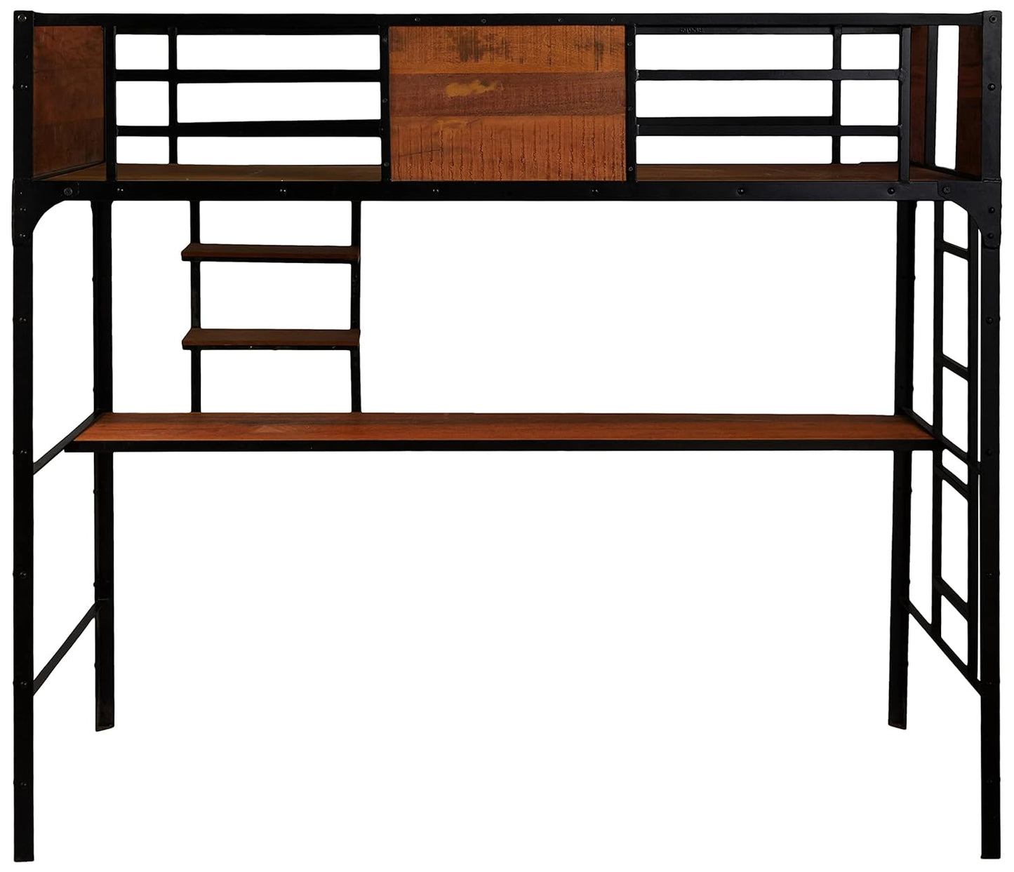 APRODZ Ellison Twin Size Bunk Bed with Work Station (Wood + Metal - Light Walnut and Black)