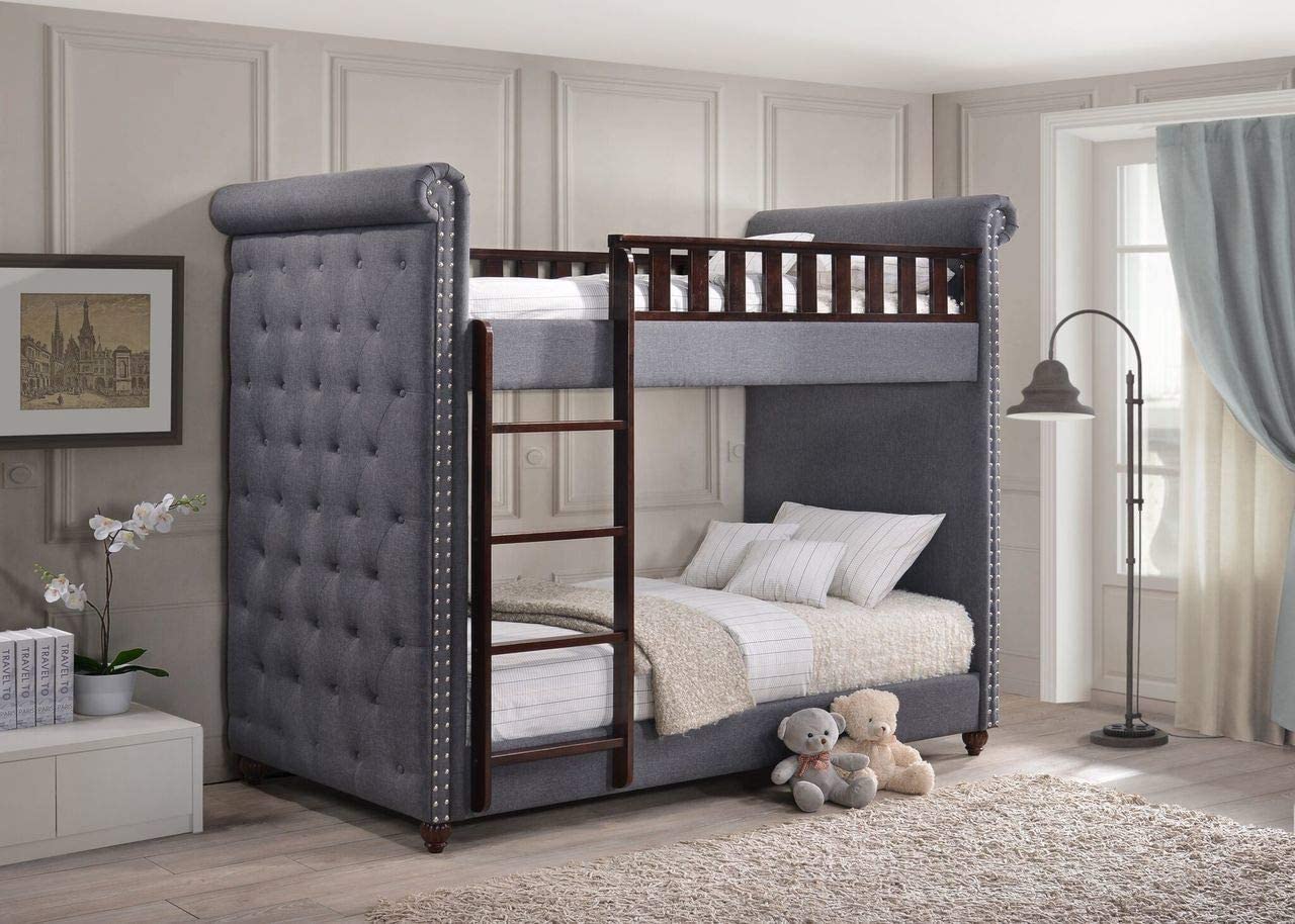 APRODZ Cindy Upholstered Bunk Bed for Bedroom (Fabric Upholstered-Denim Blue + Dark Brown)