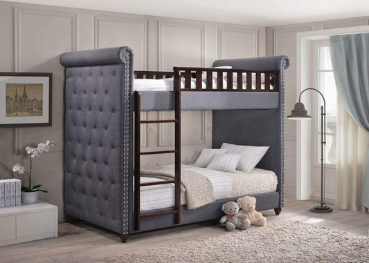 APRODZ Cindy Upholstered Bunk Bed for Bedroom (Fabric Upholstered-Denim Blue + Dark Brown)