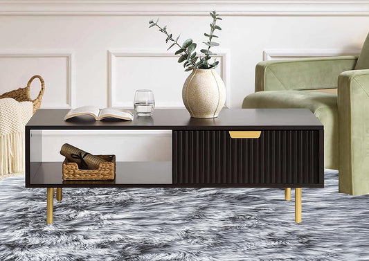 Wooden Center Table for Living Room | Rectangular Design with Shelf & Drawer | Solid Sheesham Wood & Iron Coffee Table (Black & Golden) | Sofa Teapoy Table