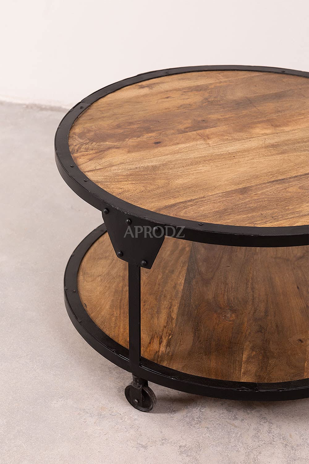 Round Solid Wood Top and Metal Base Wire Type Coffee Table (Mango Wood - Natural + Black Powder Coated)