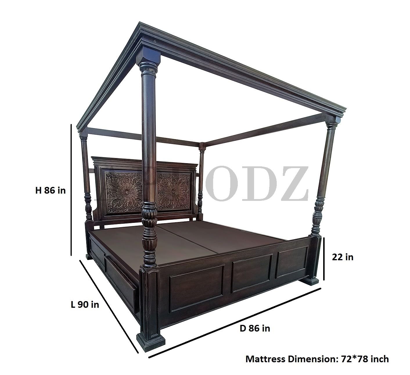 Nihcas Sheesham Wood King Size Four Poster Bed (Dark-Walnut)