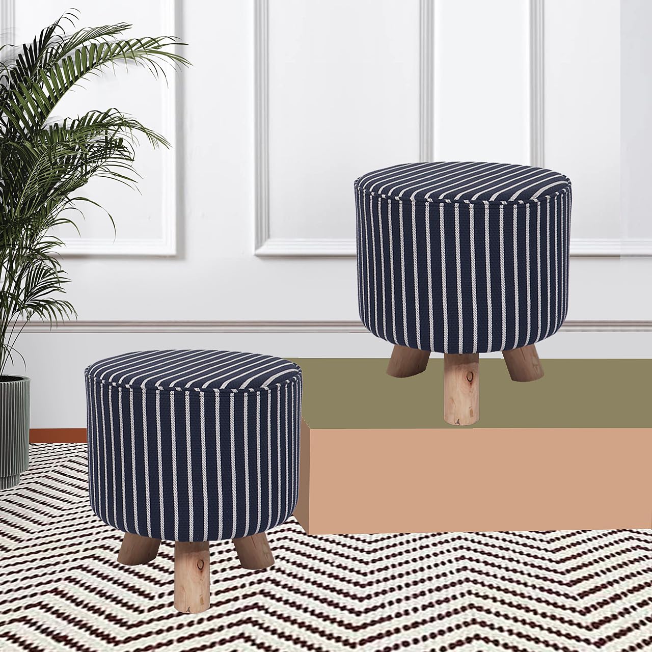 Upholstered and Steel Frame Puffy Stool Grass Green Fabric + Black Powdercoated - Set of 2