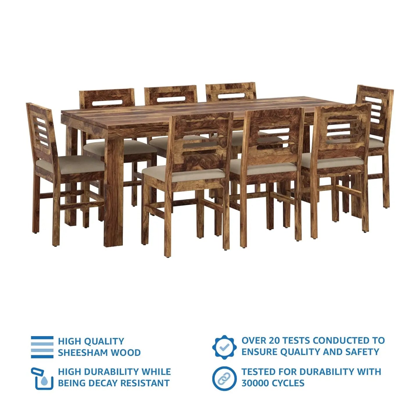 Solimo Sheesham Wood Mende 8 Seater Dining Table Set with Cushioned Chairs Wooden Dining Room Furniure with Stools for Living Room (Natural Finish)