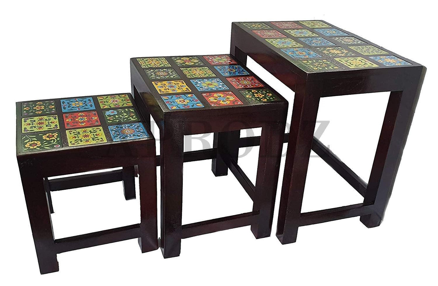 APRODZ Handicraft Tiles Wooden Ethnic Stool Cum Nesting End Table Pack of 3 Portable Bedside Tables for Living Room (Multicolor)