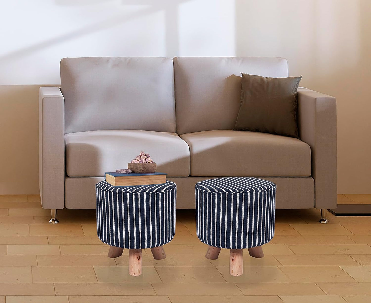 Upholstered and Steel Frame Puffy Stool Grass Green Fabric + Black Powdercoated - Set of 2