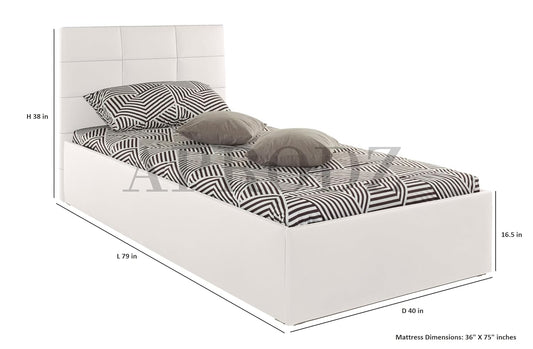 APRODZ Upholstered Single Size Bed with Box Storage (White Leatherette)