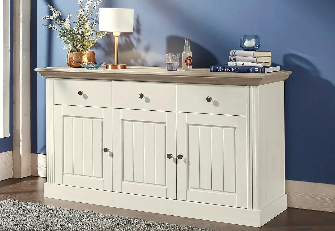 APRODZ Solid Wood Alegre Sideboard 3 Door Storage Cabinet for Living Room | White