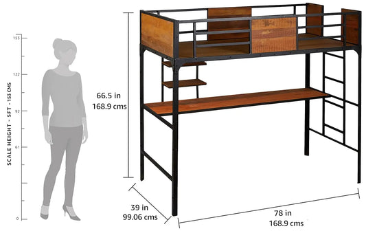 APRODZ Ellison Twin Size Bunk Bed with Work Station (Wood + Metal - Light Walnut and Black)