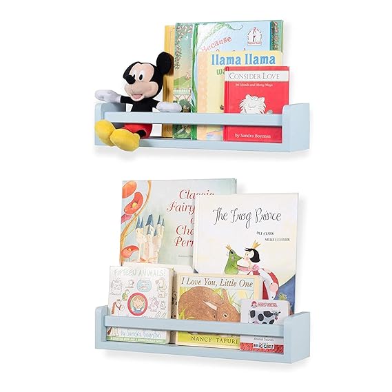 Childrens Wall Mounted Floating Shelves - 2 Set Shelf - Kid’s Room Bookshelf Display Nursery Books and Toy Storage Display Organizer - Ships Fully Assembled (Light Blue)