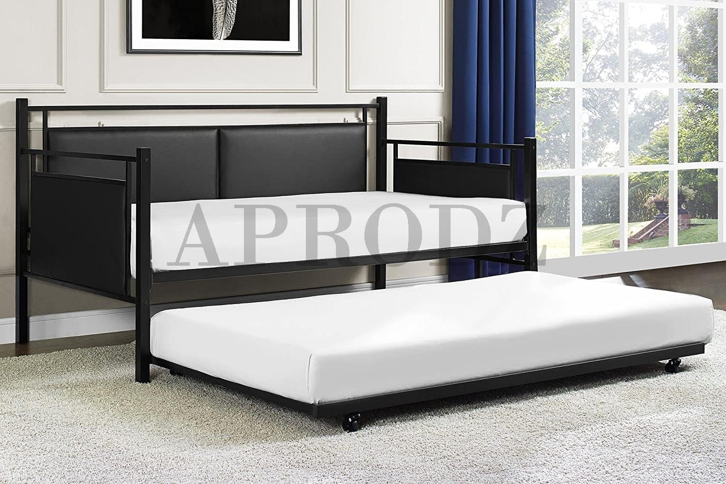 APRODZ Surte Twin Size Metal Daybed with Trundle Bed, (Mattress Included-Metal - Black Powdercoated)