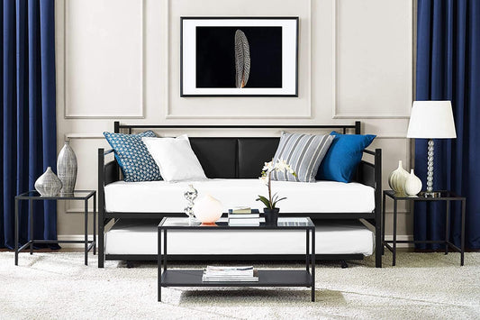 APRODZ Surte Twin Size Metal Daybed with Trundle Bed, (Mattress Included-Metal - Black Powdercoated)