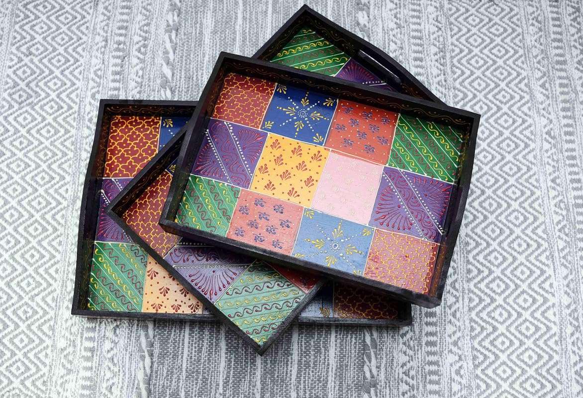 Wooden Serving Trays Set of 2 by Aprodz - Stylish and Functional Serving Tray Set (Multicolor)