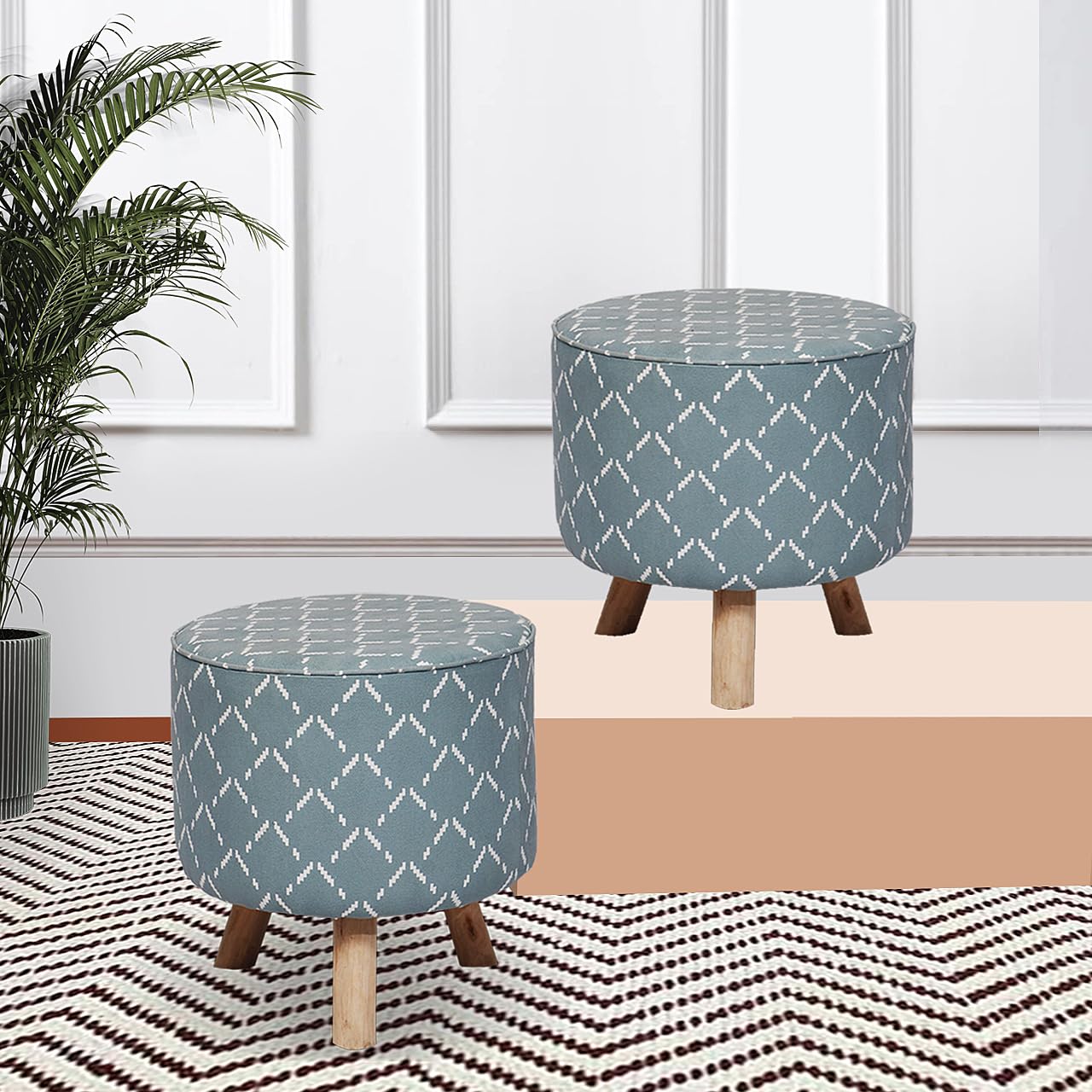 Upholstered and Steel Frame Puffy Stool Grass Green Fabric + Black Powdercoated - Set of 2