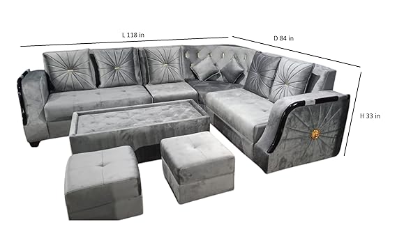 L-Shaped Sectional 6-Seater Sofa with Coffee Table & 2 Ottoman Padded Armrest Perfect Velvet Fabric Corner Sofa for Guests Living Room, Drawing Room, Office & Lounge (Grey)