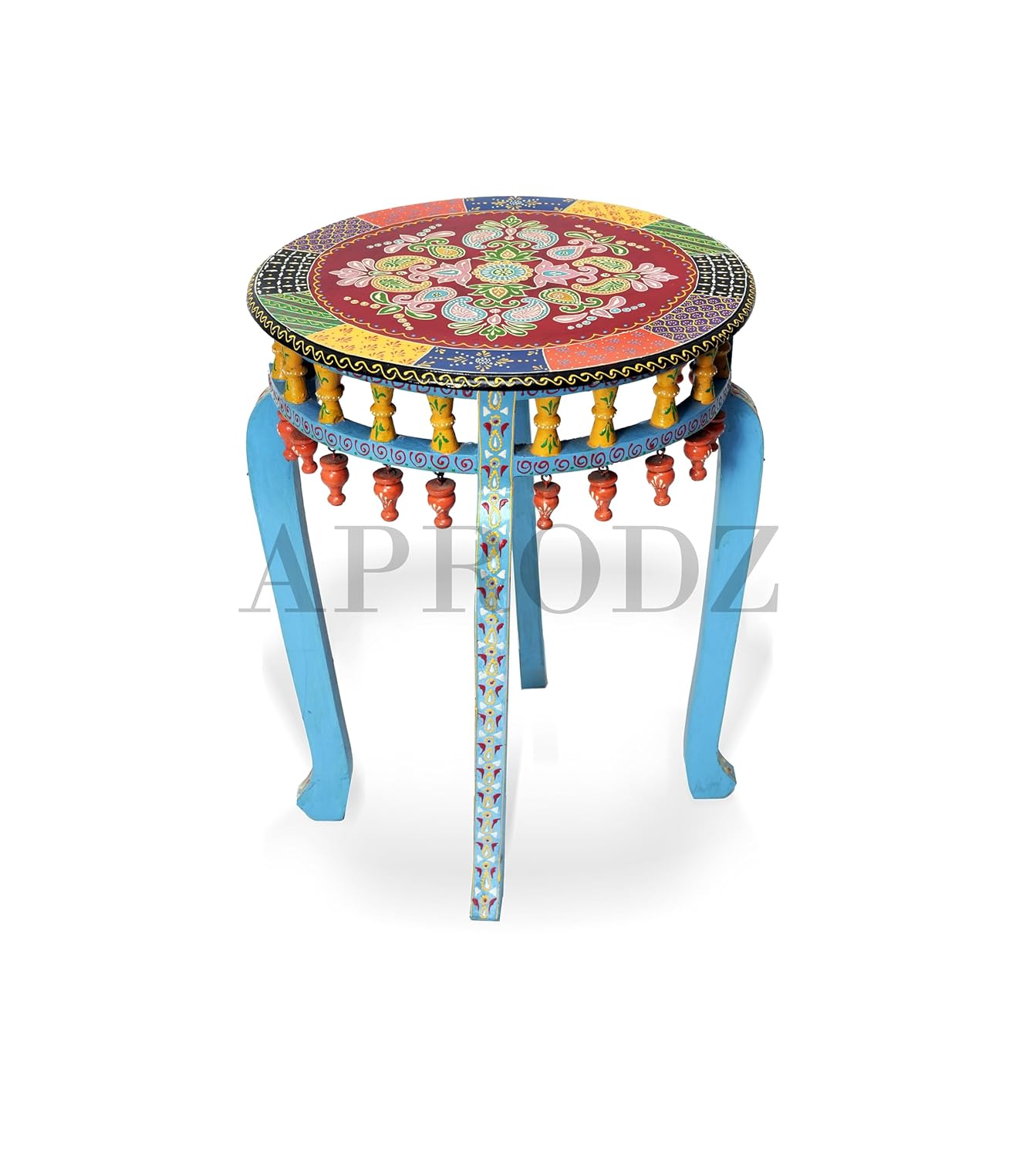 Wooden Handpainted Round Top Side Table Portabe Teal Coffee Table for Living Room (Multicolor)