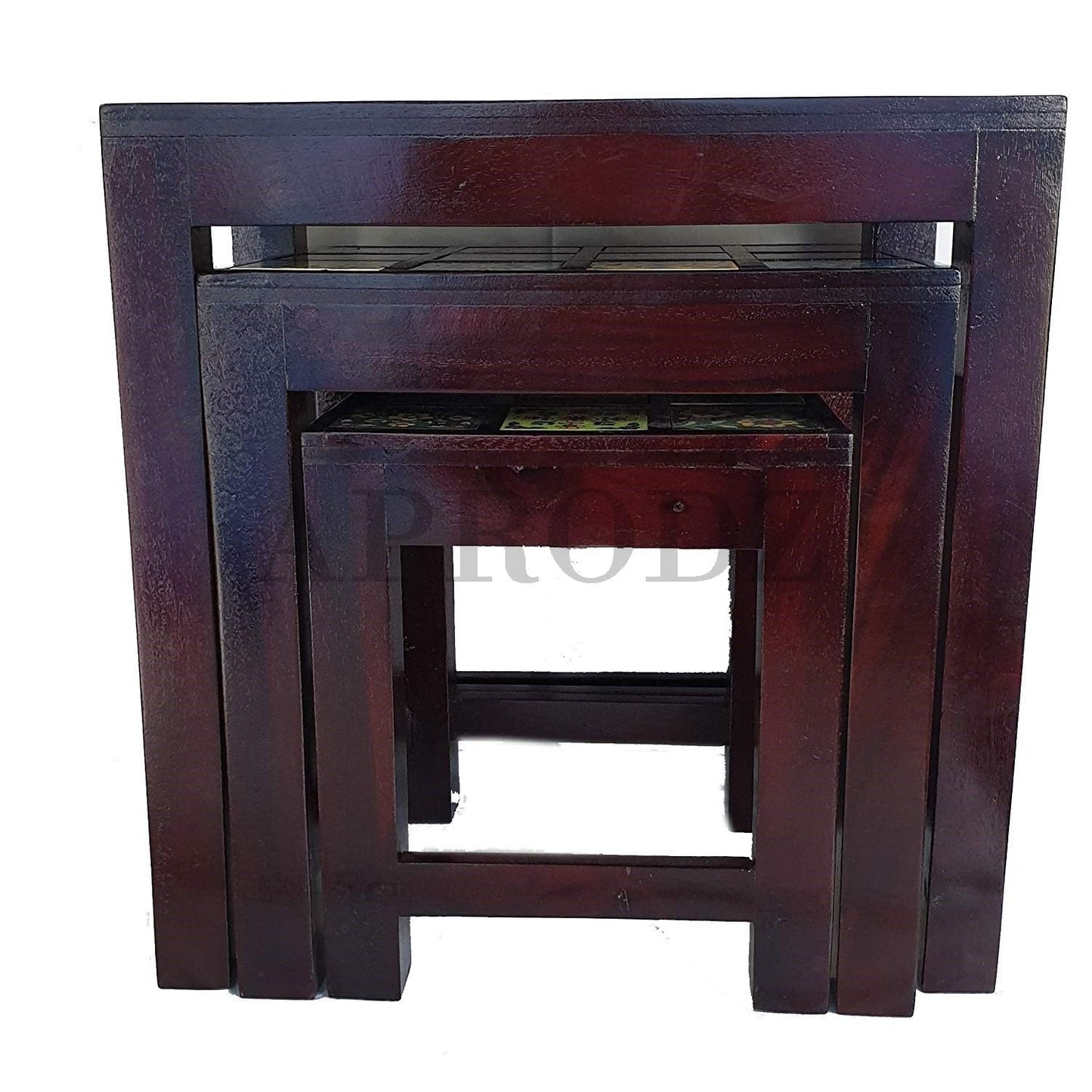 APRODZ Handicraft Tiles Wooden Ethnic Stool Cum Nesting End Table Pack of 3 Portable Bedside Tables for Living Room (Multicolor)