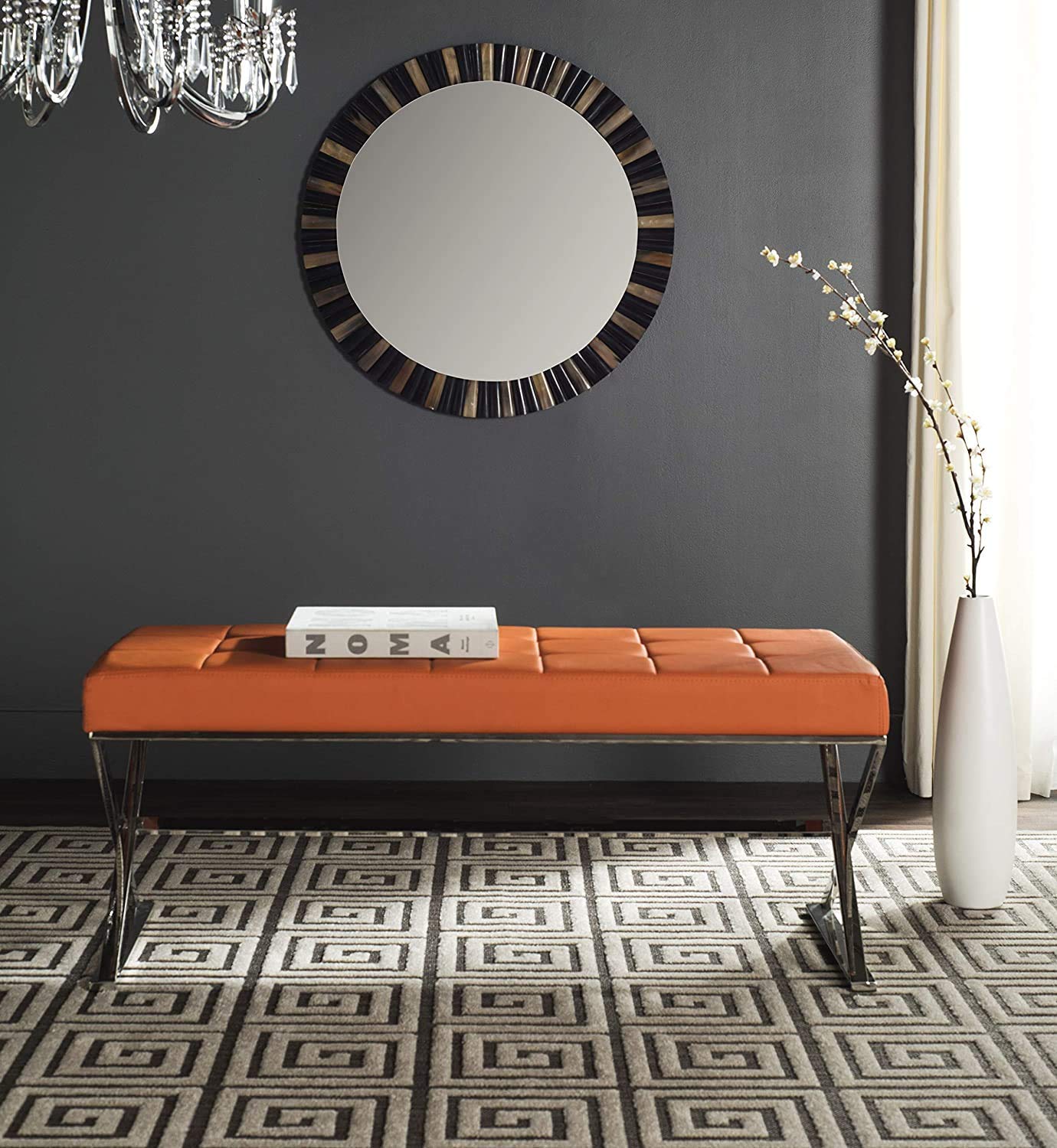 Modern Orange Upholstered Velvet and Metal Bench