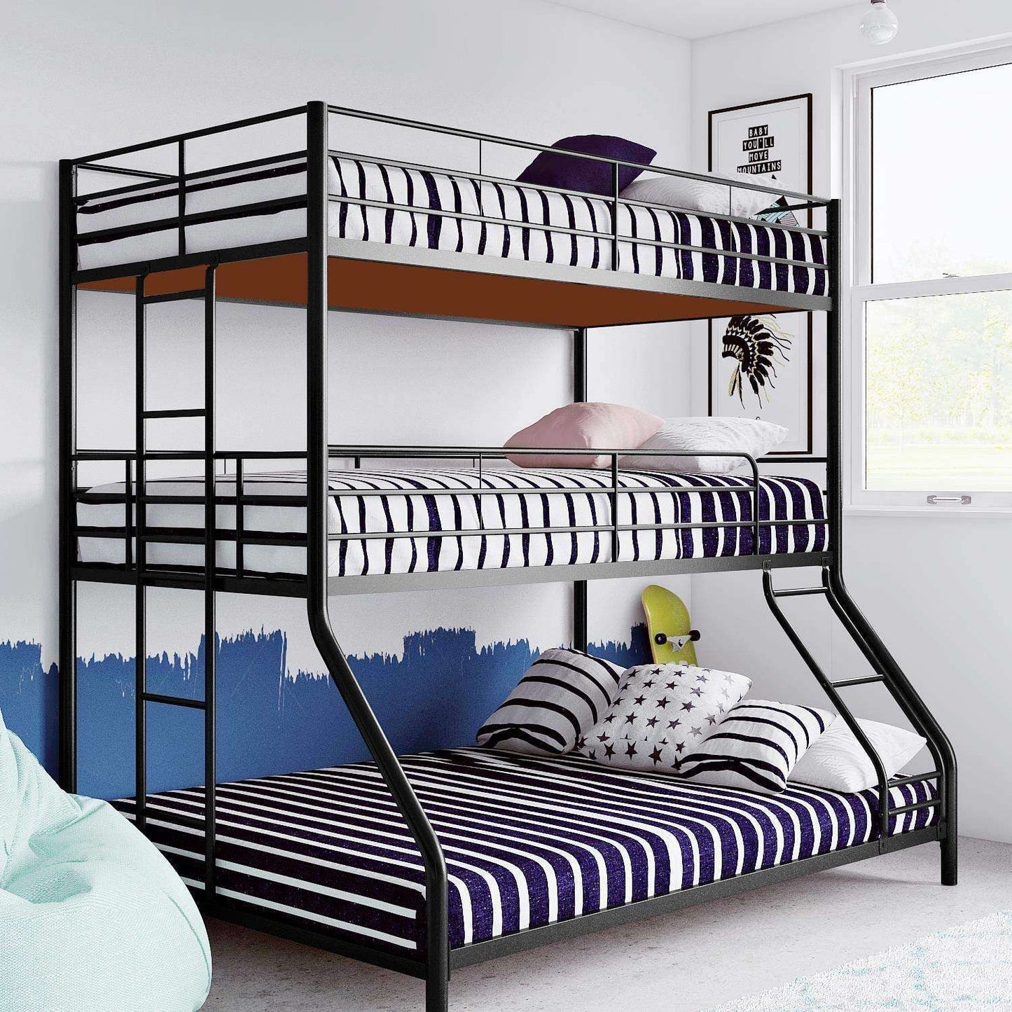 APRODZ Chavez Twin/Twin/Full Size Metal Triple Bunk Bed (Metal - White Powdercoated)