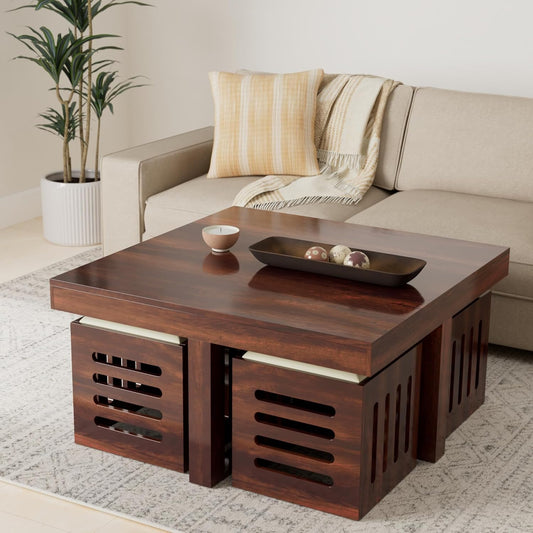 Solid Wood 4 Seater Coffee Table Stool Set for Home | Dark-Walnut