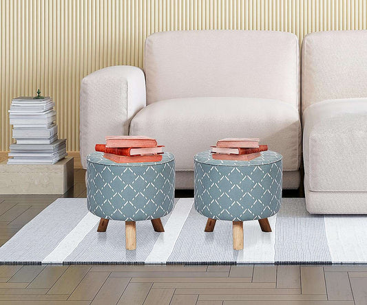 Upholstered and Steel Frame Puffy Stool Grass Green Fabric + Black Powdercoated - Set of 2