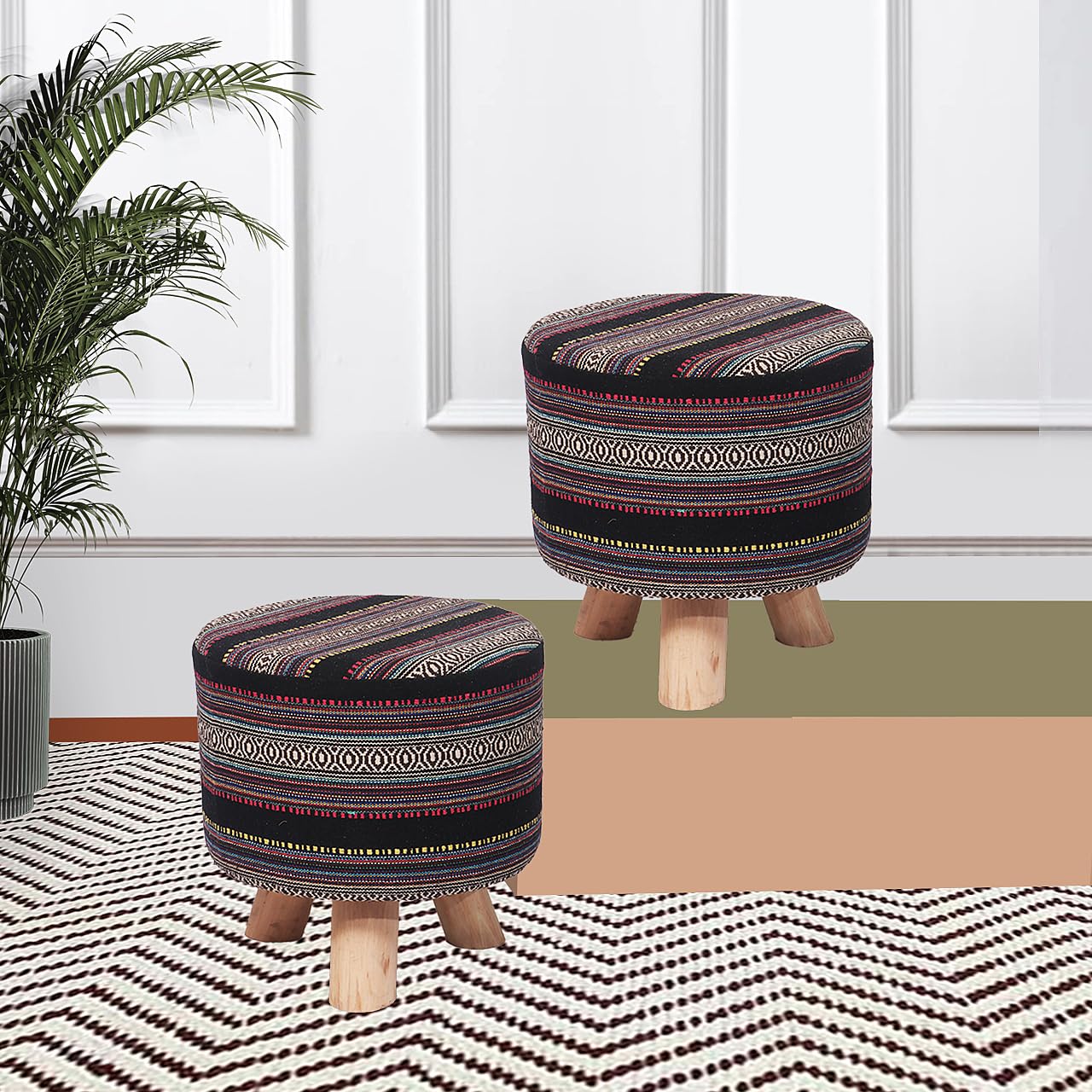 Upholstered and Steel Frame Puffy Stool Grass Green Fabric + Black Powdercoated - Set of 2