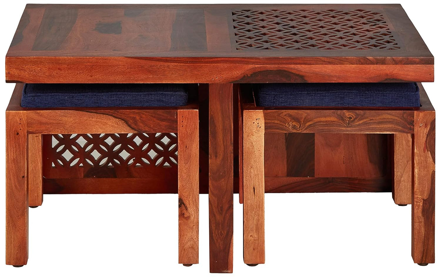 Sheesham Wood Jose Stylish Coffee Table with 2 Stools for Living Room Center Teapoy Table for Home | Brown Finish