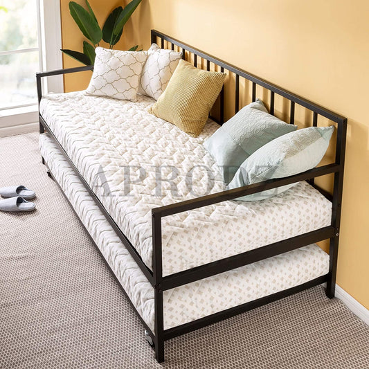 APRODZ Suniz Twin Size Metal Daybed with Trundle Bed, (Mattress Included-Metal - Black Powdercoated)