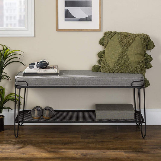 APRODZ Metal and Upholstered Bench with Cushion Shoe Storage Shelf (Metal - Grey Fabric)