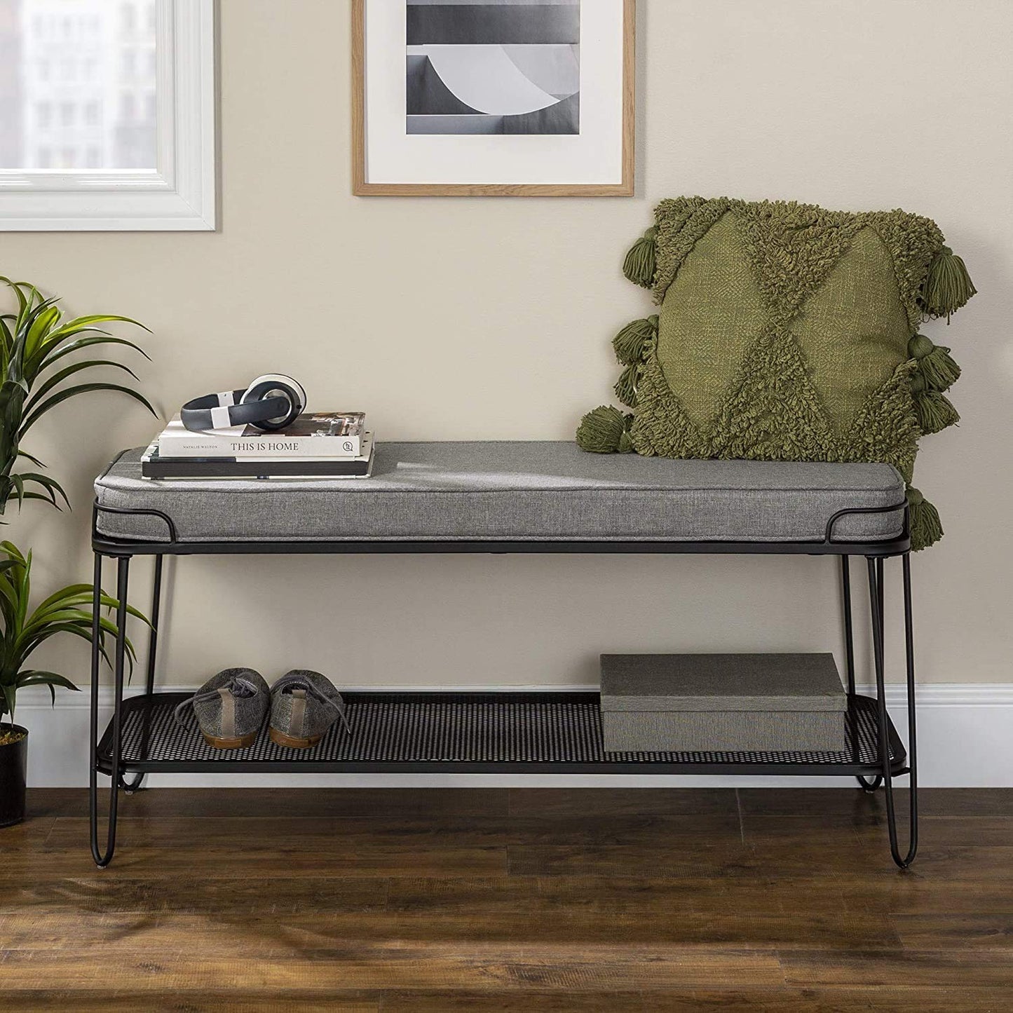 Metal and Upholstered Bench with Cushion Shoe Storage Shelf (Metal - Grey Fabric)