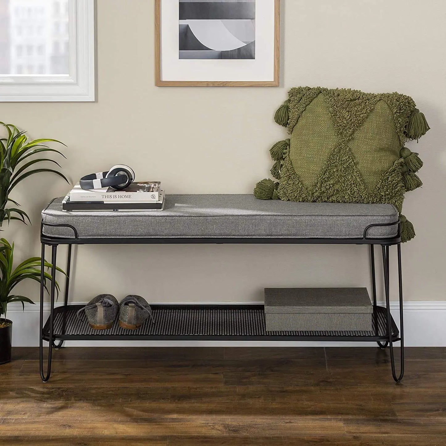 Metal and Upholstered Bench with Cushion Shoe Storage Shelf (Metal - Grey Fabric)