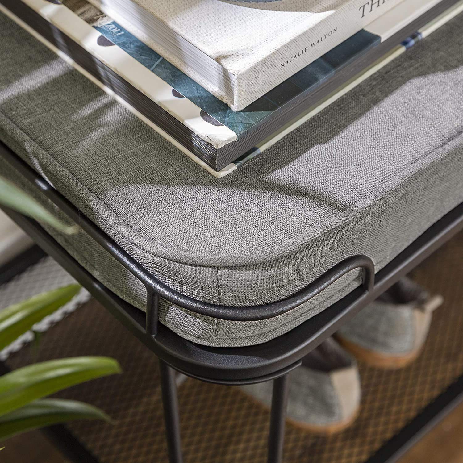APRODZ Metal and Upholstered Bench with Cushion Shoe Storage Shelf (Metal - Grey Fabric)