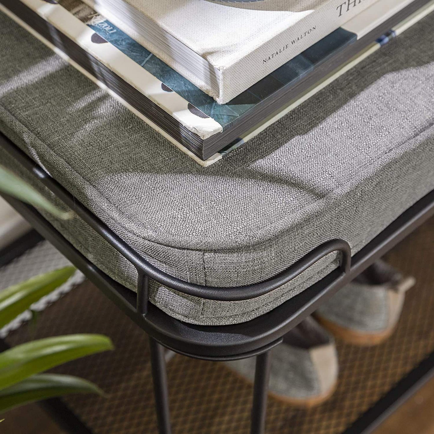 Metal and Upholstered Bench with Cushion Shoe Storage Shelf (Metal - Grey Fabric)