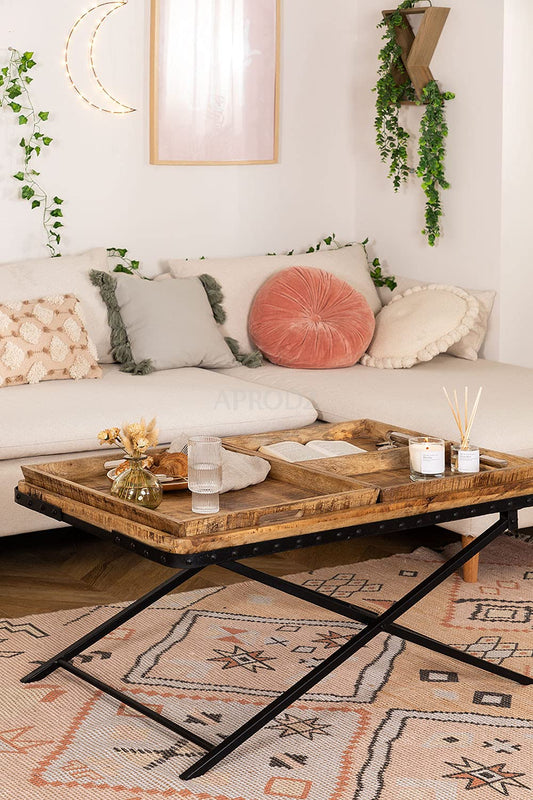 Lohmi Mango Wood and Metal Coffee Table (Solid Wood - Natural + Black Powder Coated)