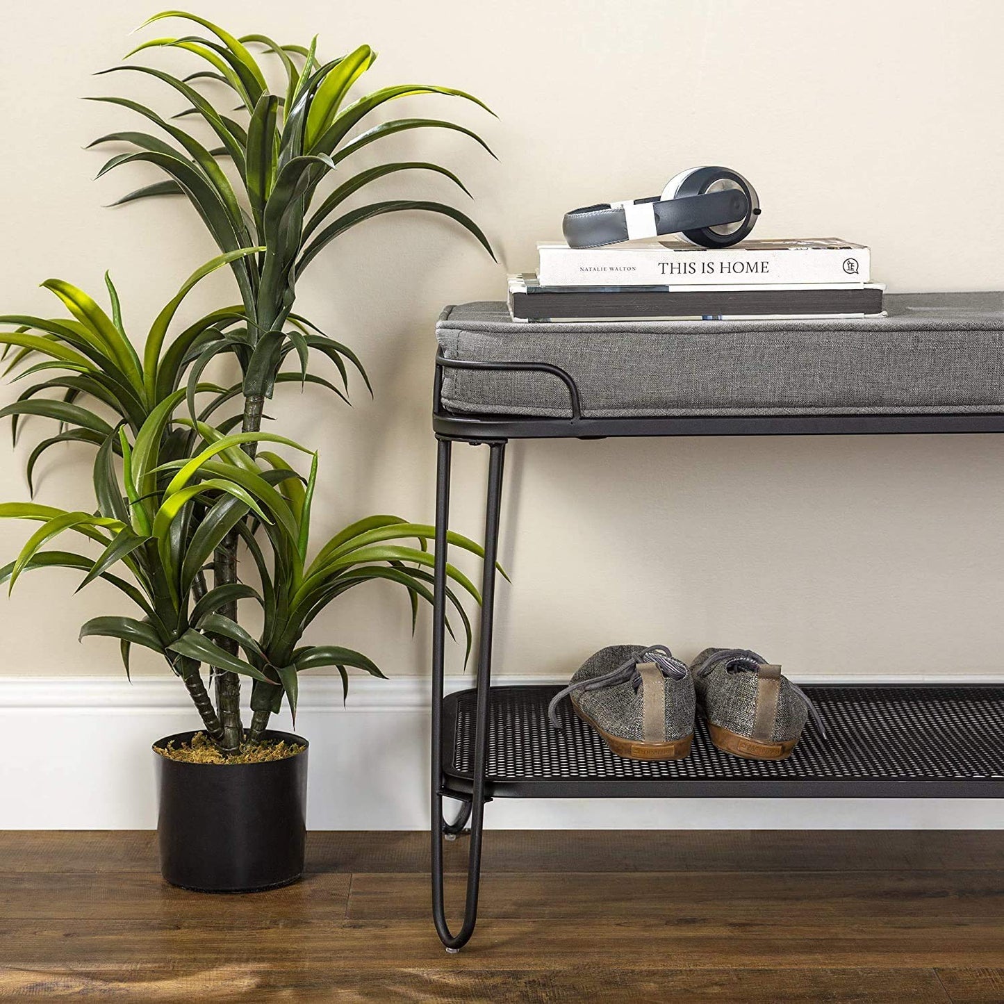 Metal and Upholstered Bench with Cushion Shoe Storage Shelf (Metal - Grey Fabric)