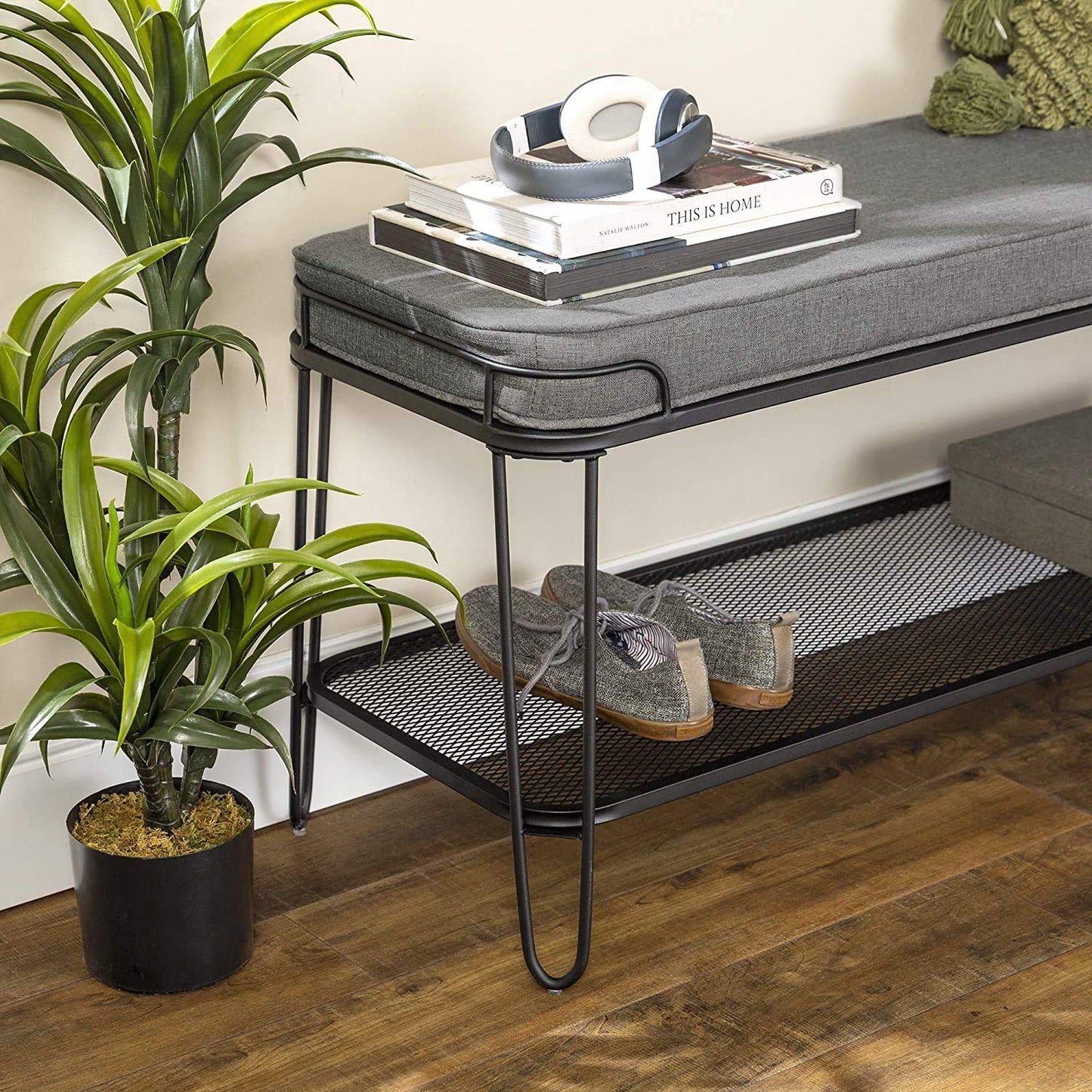 Metal and Upholstered Bench with Cushion Shoe Storage Shelf (Metal - Grey Fabric)
