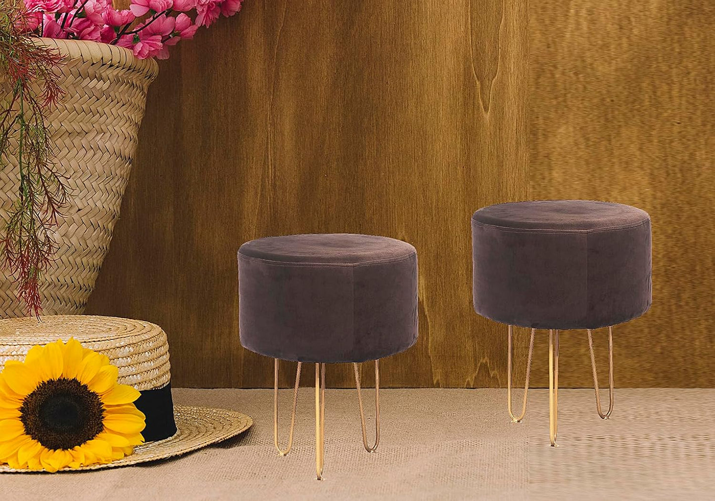 Upholstered and Steel Frame Puffy Stool Grass Green Fabric + Black Powdercoated - Set of 2