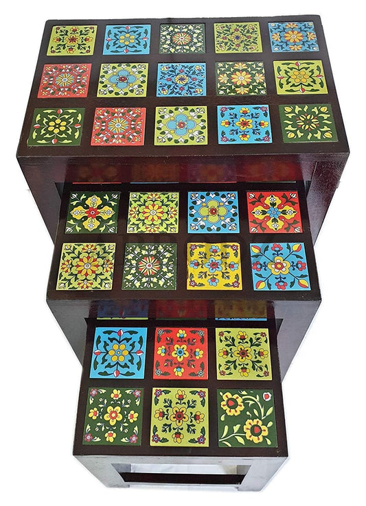 APRODZ Handicraft Tiles Wooden Ethnic Stool Cum Nesting End Table Pack of 3 Portable Bedside Tables for Living Room (Multicolor)
