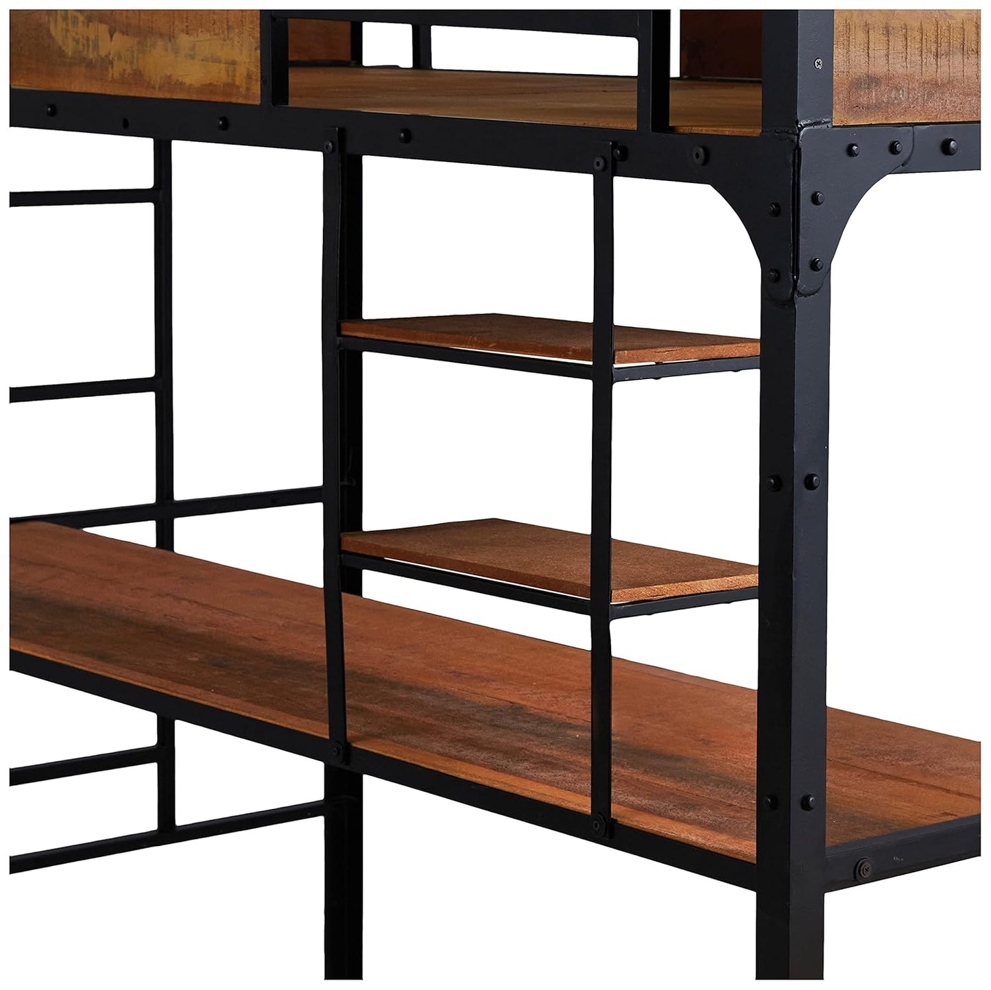 APRODZ Ellison Twin Size Bunk Bed with Work Station (Wood + Metal - Light Walnut and Black)