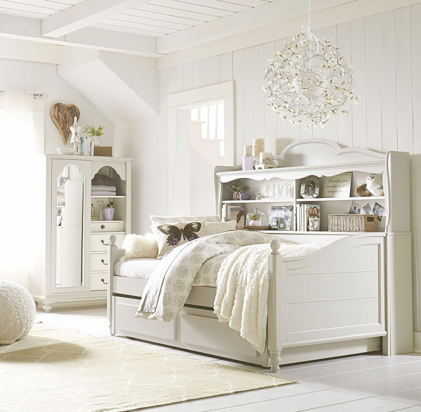 APRODZ Solid Wood Holroyd Daybed with Trundle Bed & with Bookcase on Headboard for Kids Room