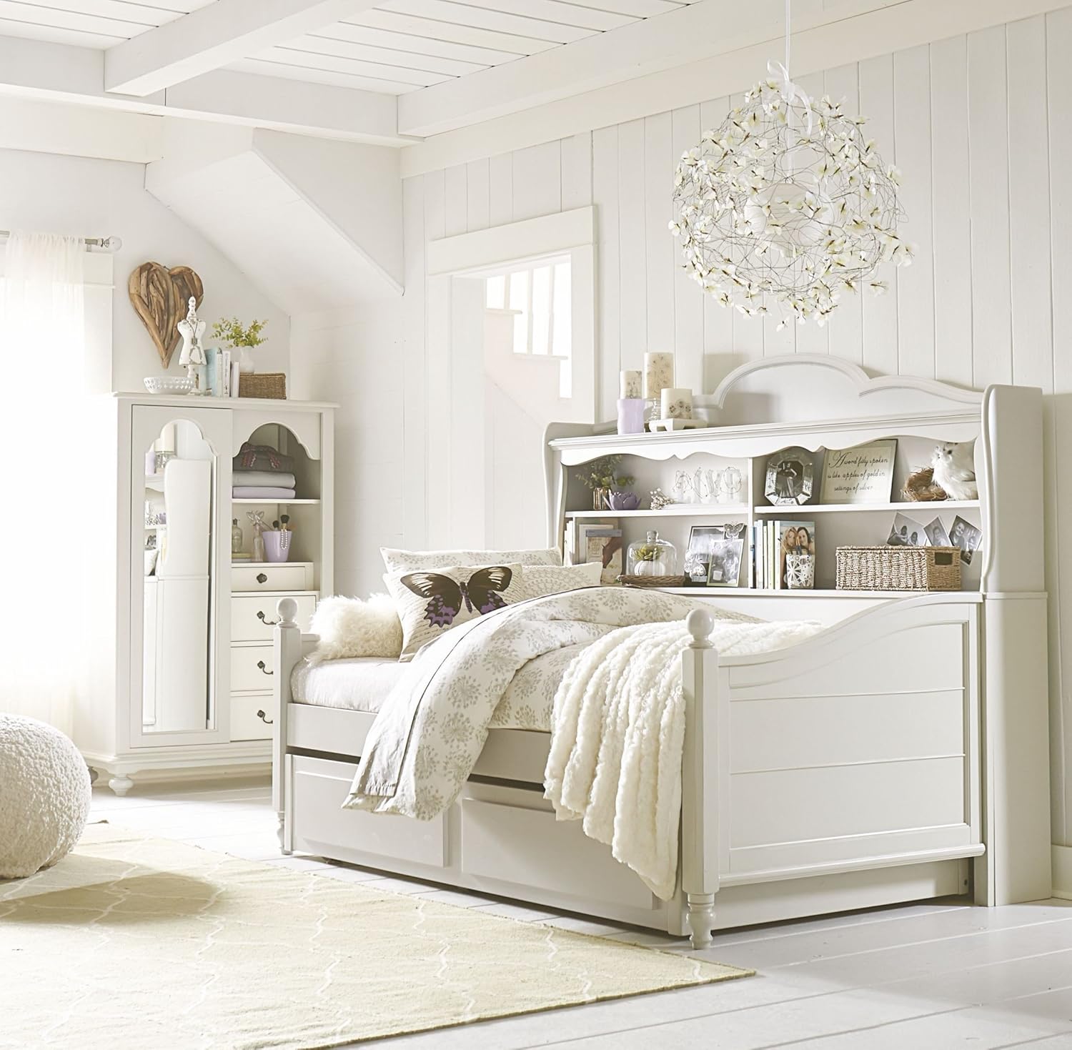 APRODZ Solid Wood Holroyd Daybed with Trundle Bed & with Bookcase on Headboard for Kids Room