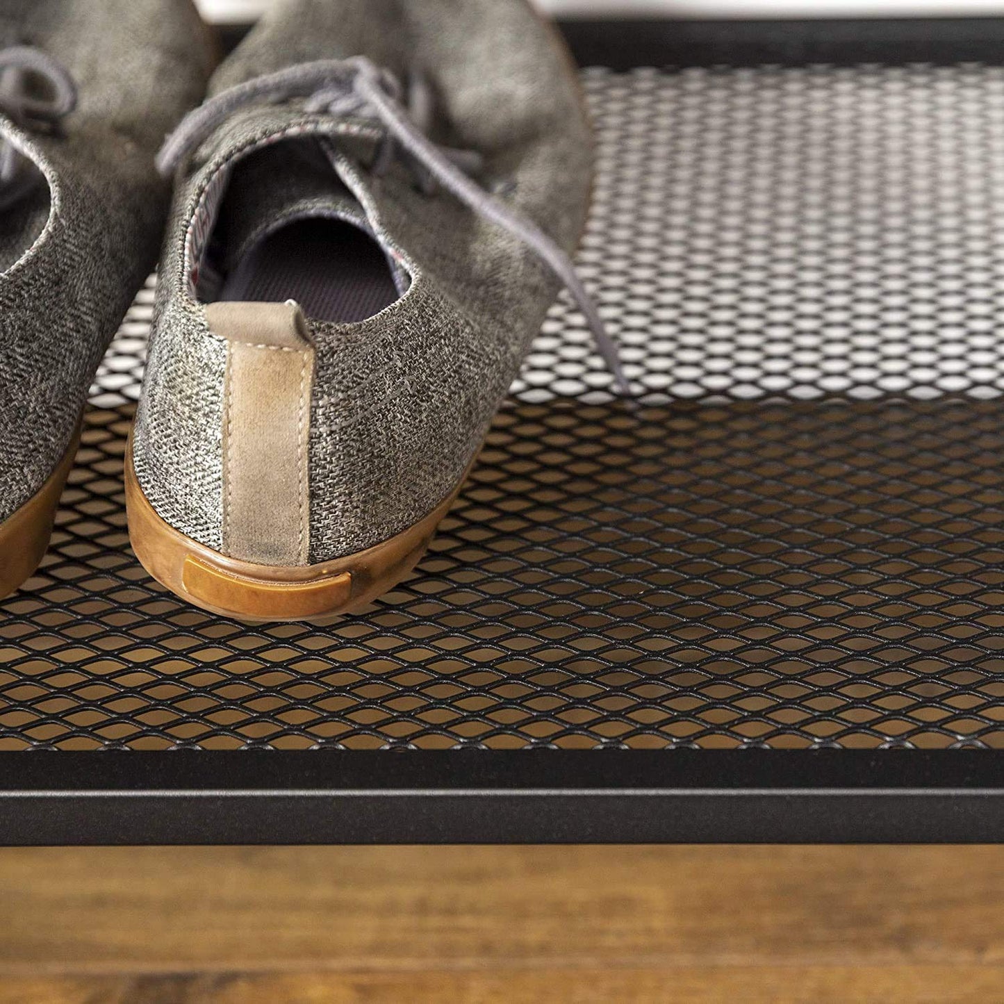 Metal and Upholstered Bench with Cushion Shoe Storage Shelf (Metal - Grey Fabric)
