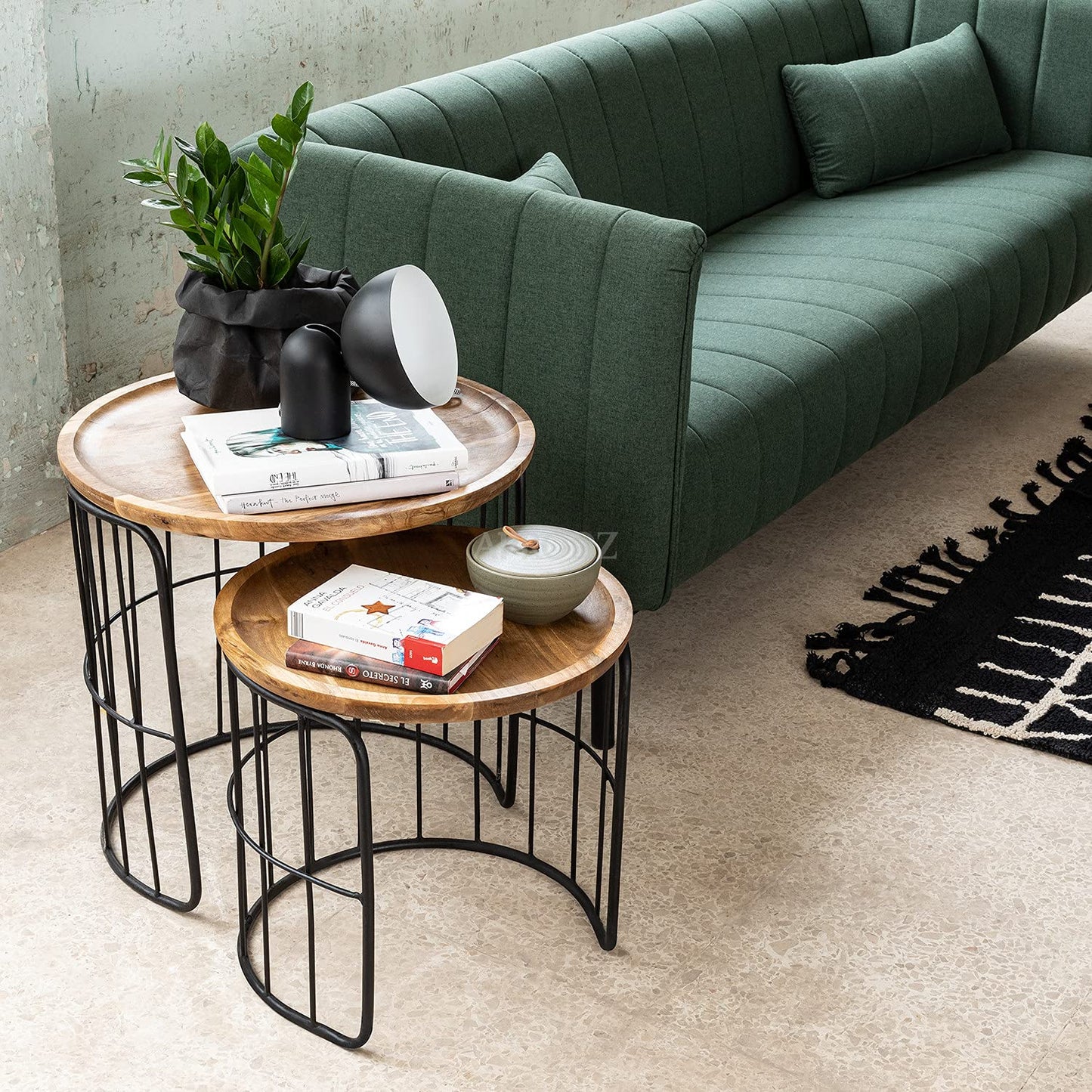APRODZ Round Auxiliary Solid Wood and Metal Nesting Table (Mango Wood - Natural + White Powder Coated)