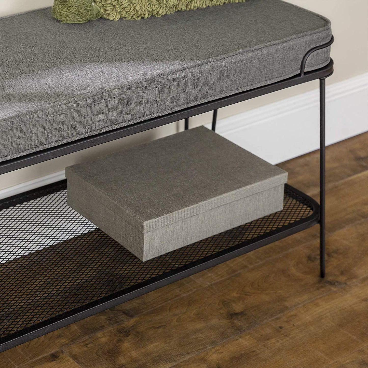 Metal and Upholstered Bench with Cushion Shoe Storage Shelf (Metal - Grey Fabric)